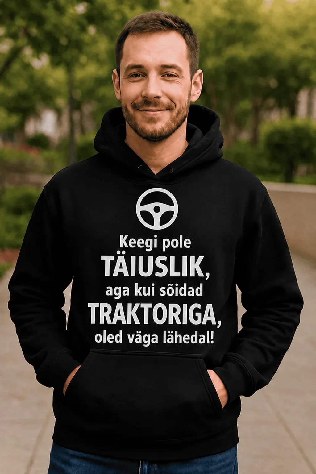 Must kapuutsiga pusa autojuhile kirjaga „Keegi pole täiuslik, aga kui sõidad traktoriga, oled väga lähedal!“