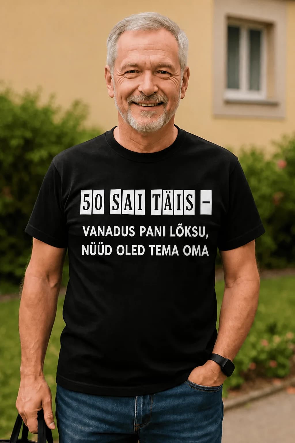 Must T-särk 50. sünnipäevaks valge kirjaga „50 sai täis – vanadus pani lõksu“ halli habemega mehe seljas