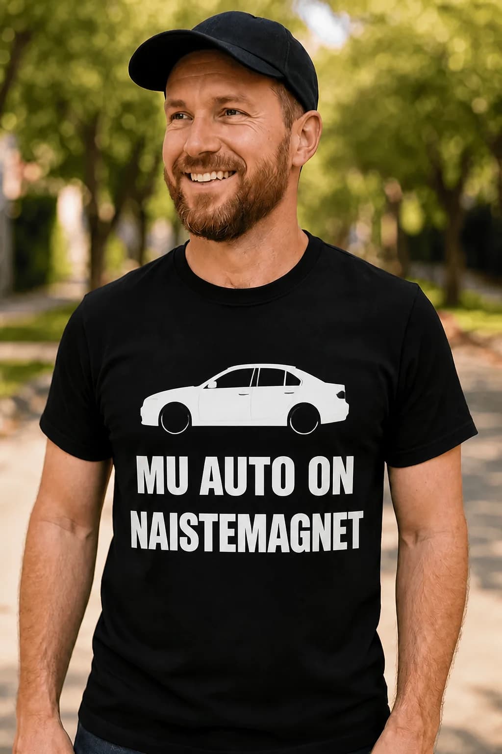 Must naljakas T-särk autohuvilisele valge kirjaga MU AUTO ON NAISTEMAGNET ja autokujutisega