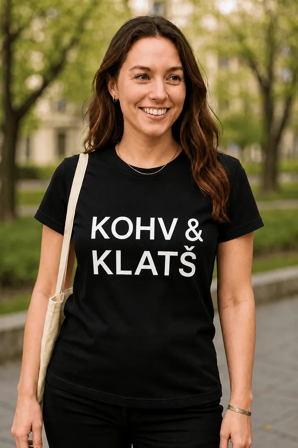 Must naljakas T-särk kohvisõbrale, valge elegantne kiri KOHV & KLATŠ moemaja logo stiilis
