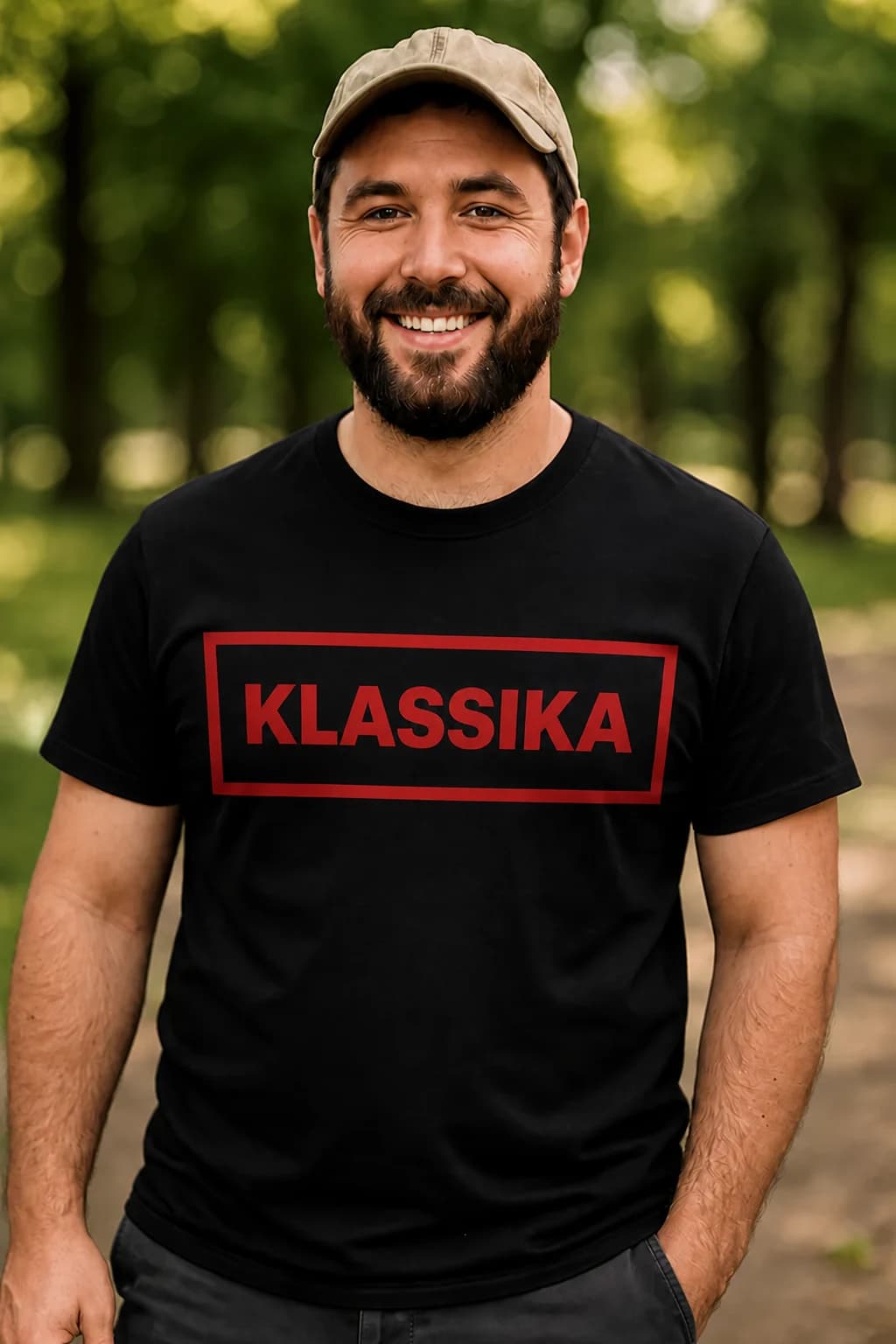 Naeratav mees mustas T-särgis, rinnal punane kiri „Klassika“ lihtsas ristkülikraamis, taustal mets