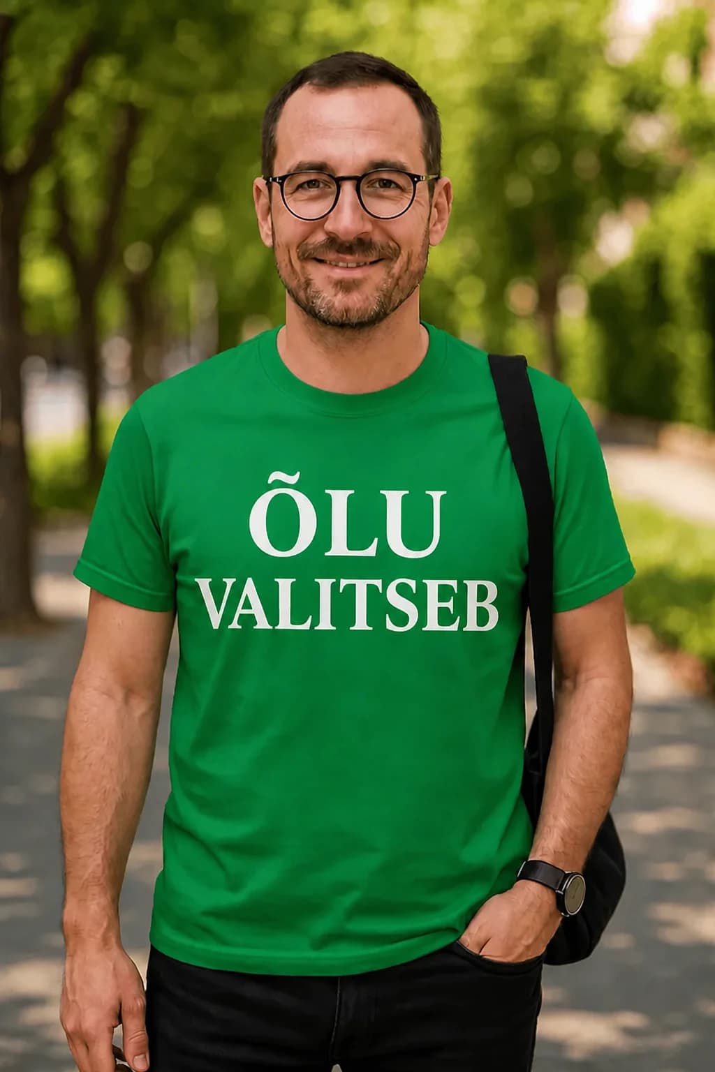 Mees prillidega rohelises naljakas T-särgis, suur valge kiri „Õlu valitseb“ – kingitus õllesõbrale