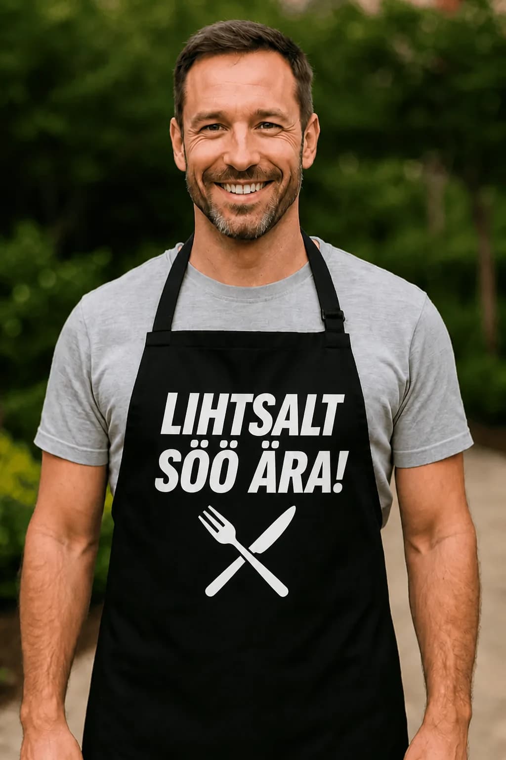 Mees mustas põlles kirjaga „Lihtsalt söö ära!“ ning noa ja kahvli joonisega – naljakas põll kokale