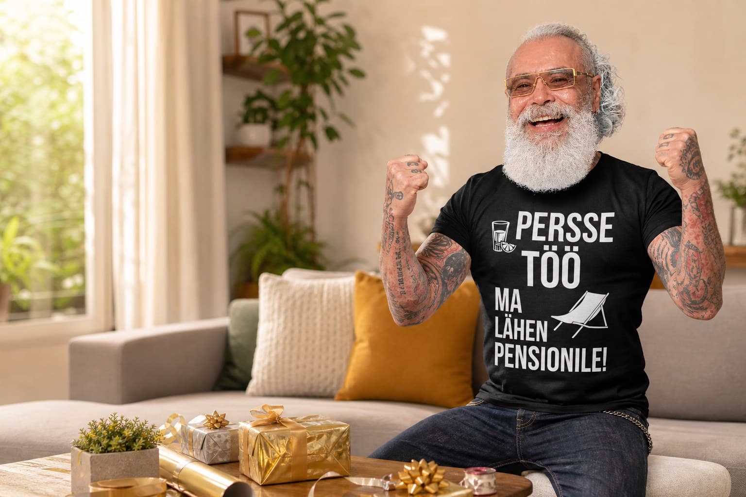 Mees kannab T-särki kirjaga „Persse töö, ma lähen pensionile”