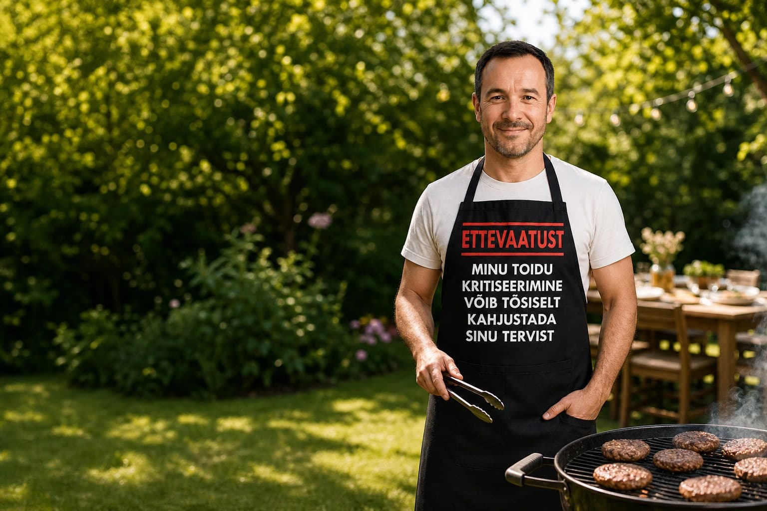 Mees grillib põllega, millel on kiri „Ettevaatust: minu toidu kritiseerimine”