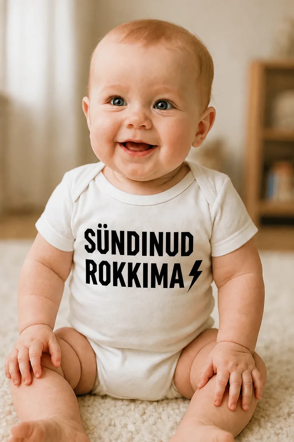 Valge beebibodi välgunoole ja kirjaga „Sündinud rokkima“, kingitus rokkarist vanemate beebile