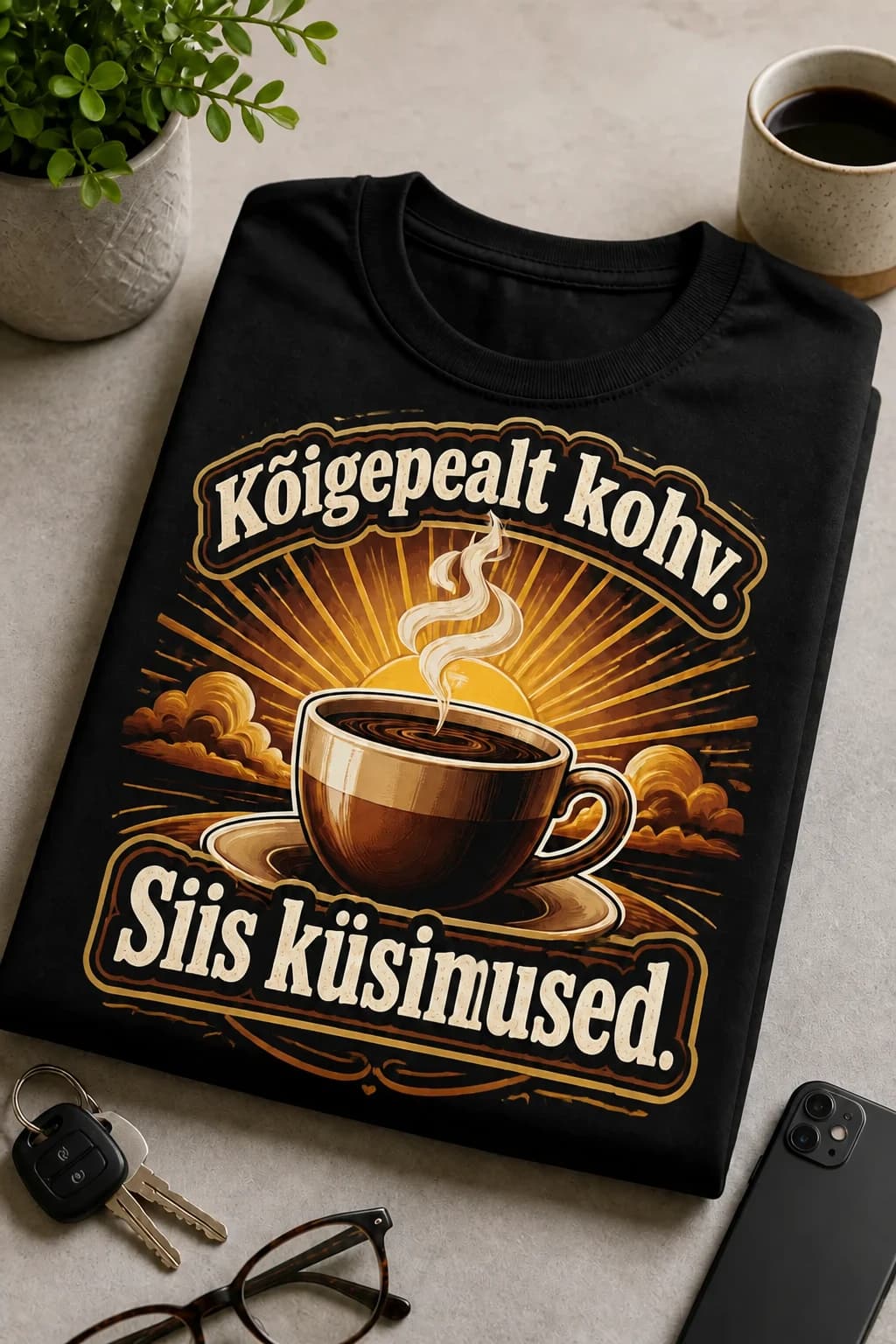 Must T-särk aurava kohvitassiga ja kirjaga „Kõigepealt kohv. Siis küsimused.“, T-särk kohvisõbrale