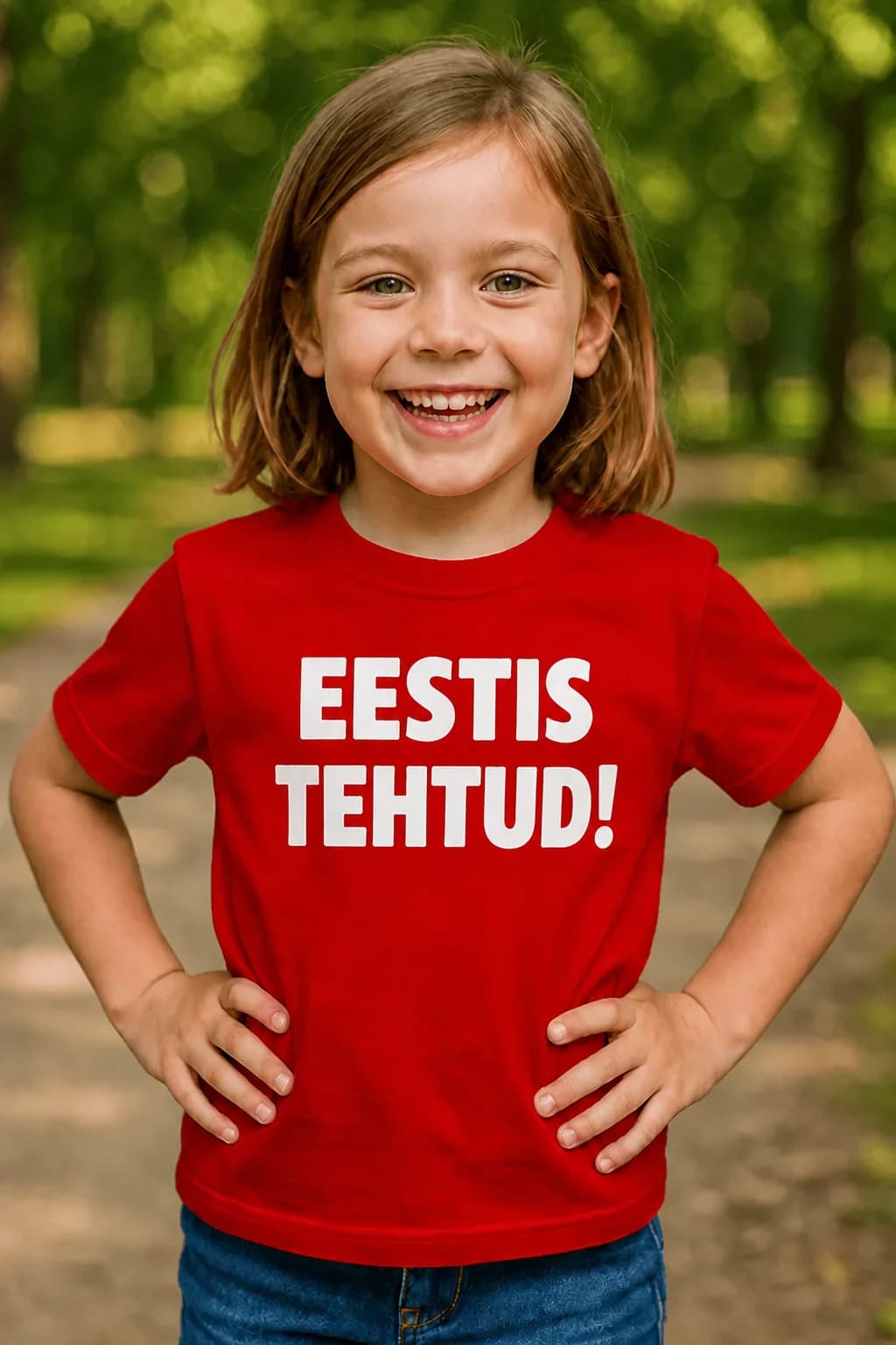 Tüdruk punases laste T-särgis valge kirjaga „Eestis tehtud!“, laste T-särk väikesele eestlasele