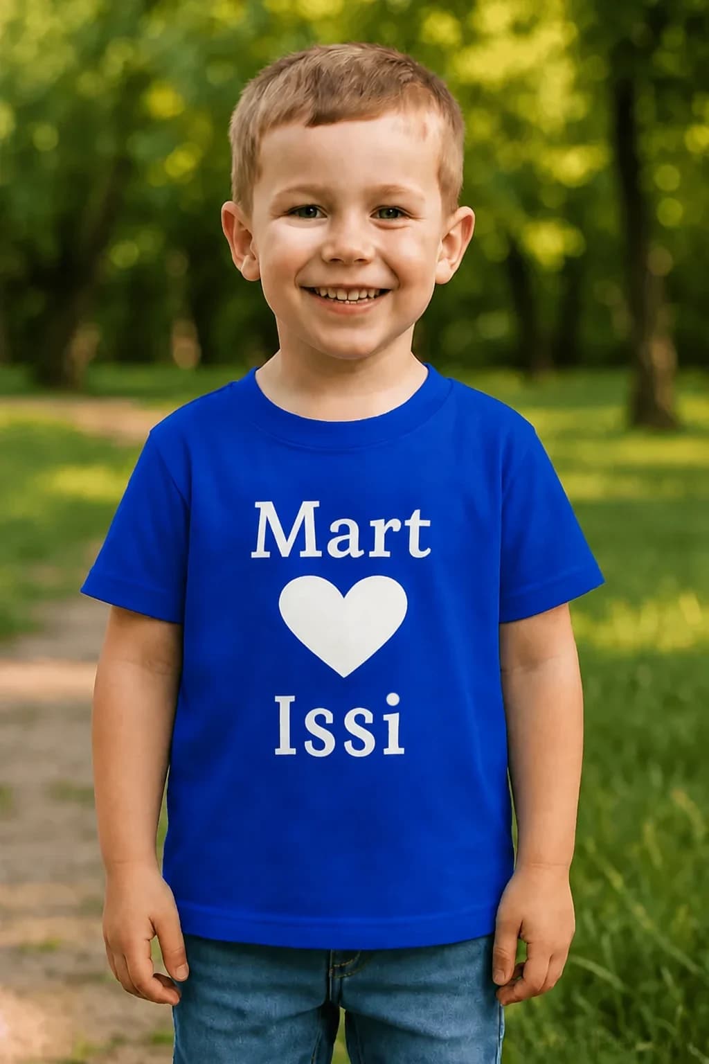 Poiss kuningasinises laste T-särgis valge kirjaga Mart, süda ja Issi, laste T-särk issile nimega