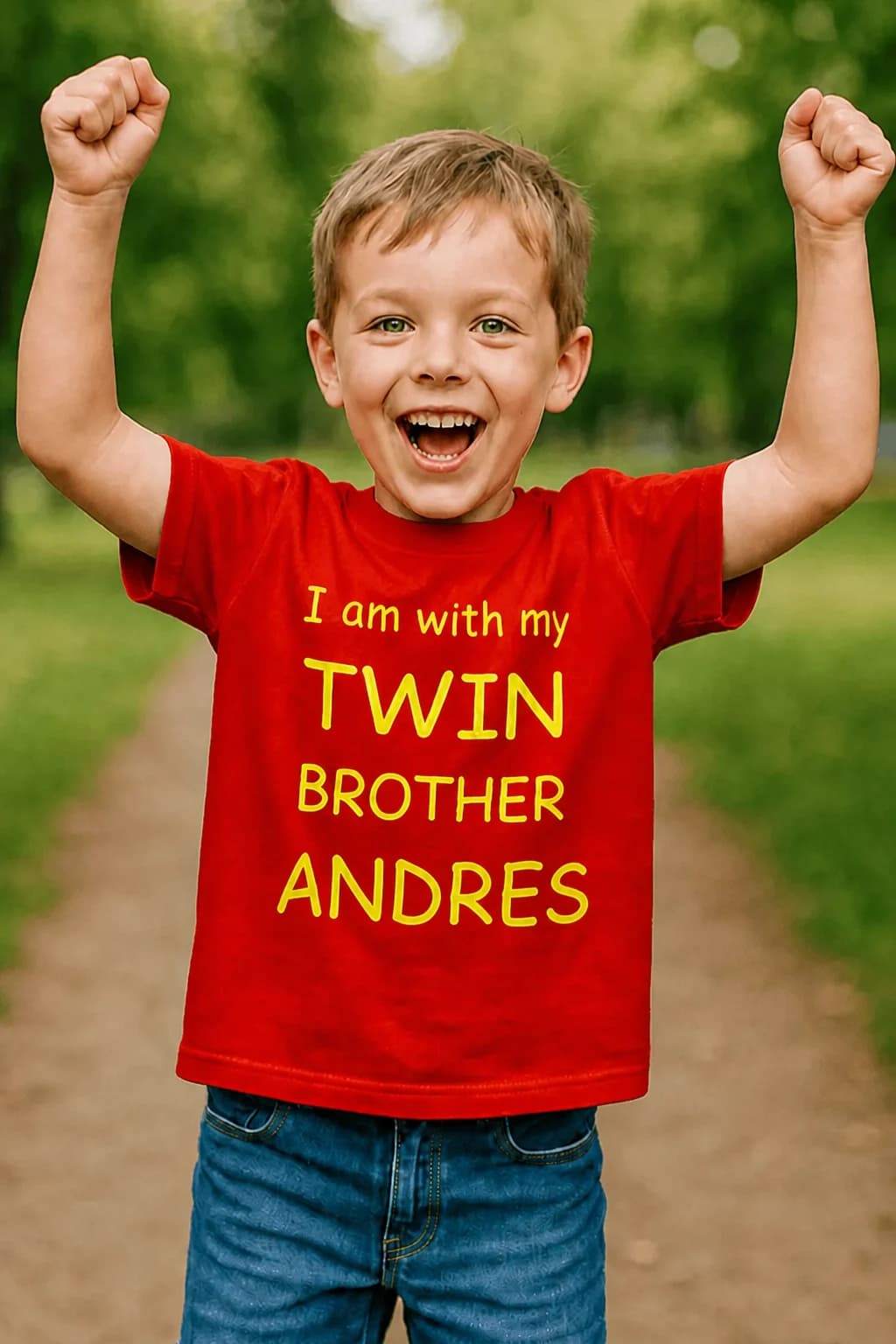 Poiss punases laste T-särgis kollase kirjaga I am with my twin brother Andres, laste T-särk kaksikutele