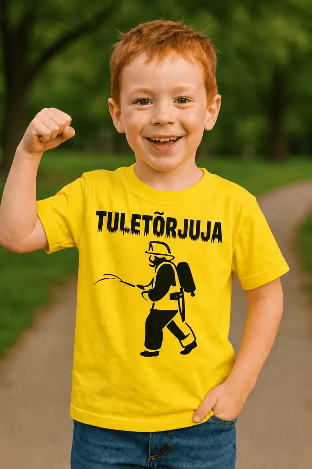 Laste T-särk tuletõrjuja pildiga