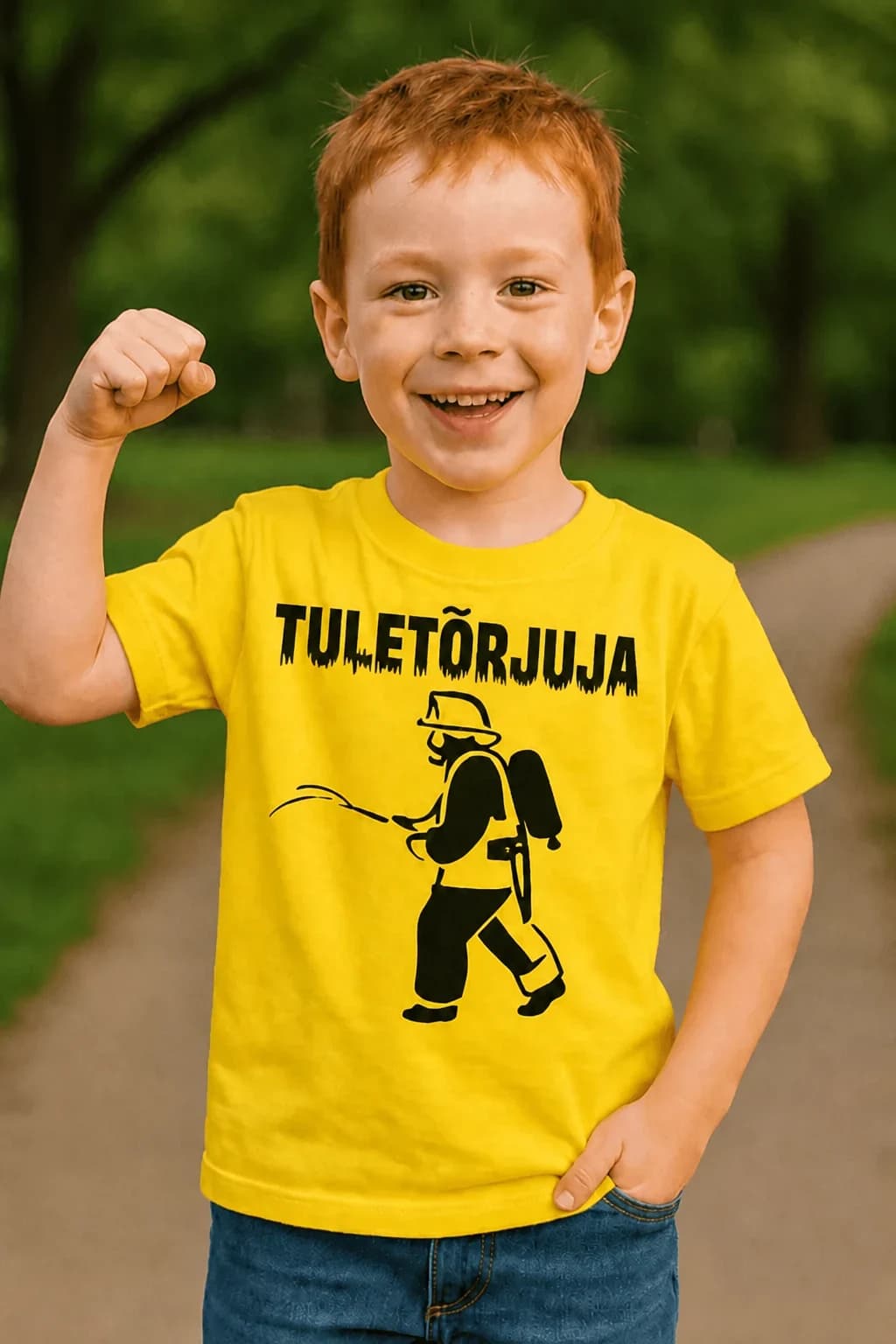 Laste T-särk tuletõrjuja pildiga