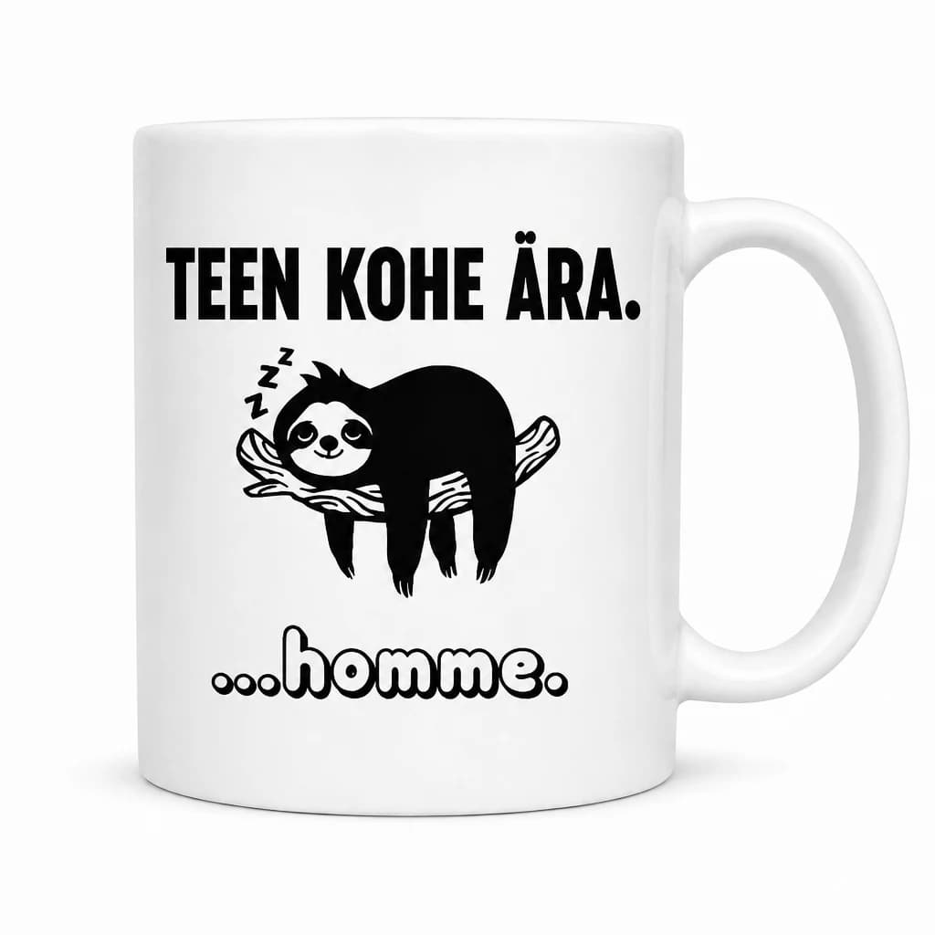 Valge naljakas kruus puuoksal magava laiskloomaga ja kirjaga Teen kohe ära ...homme