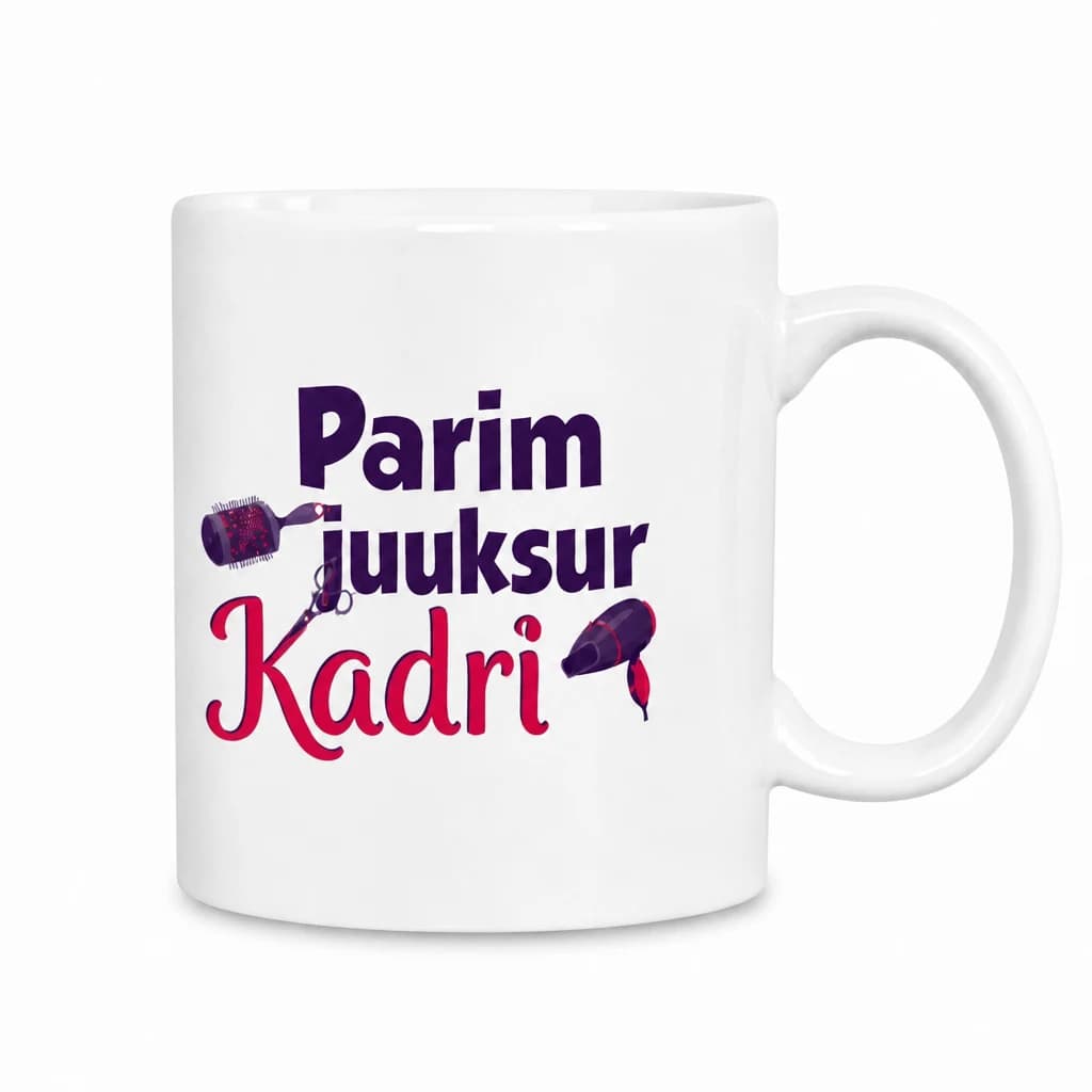 Valge nimega kruus juuksurile lilla kirjaga Parim juuksur, fööni, kammi ja roosa nimega Kadri