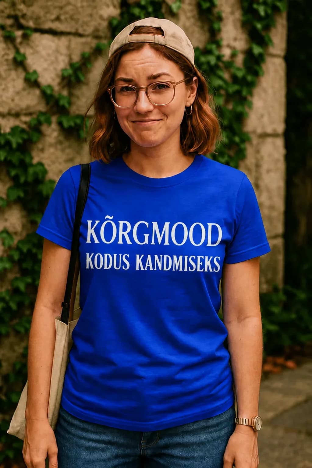 Kuningasinine naljakas T-särk valge moemaja stiilis kirjaga KÕRGMOOD KODUS KANDMISEKS, kannab prillidega naine