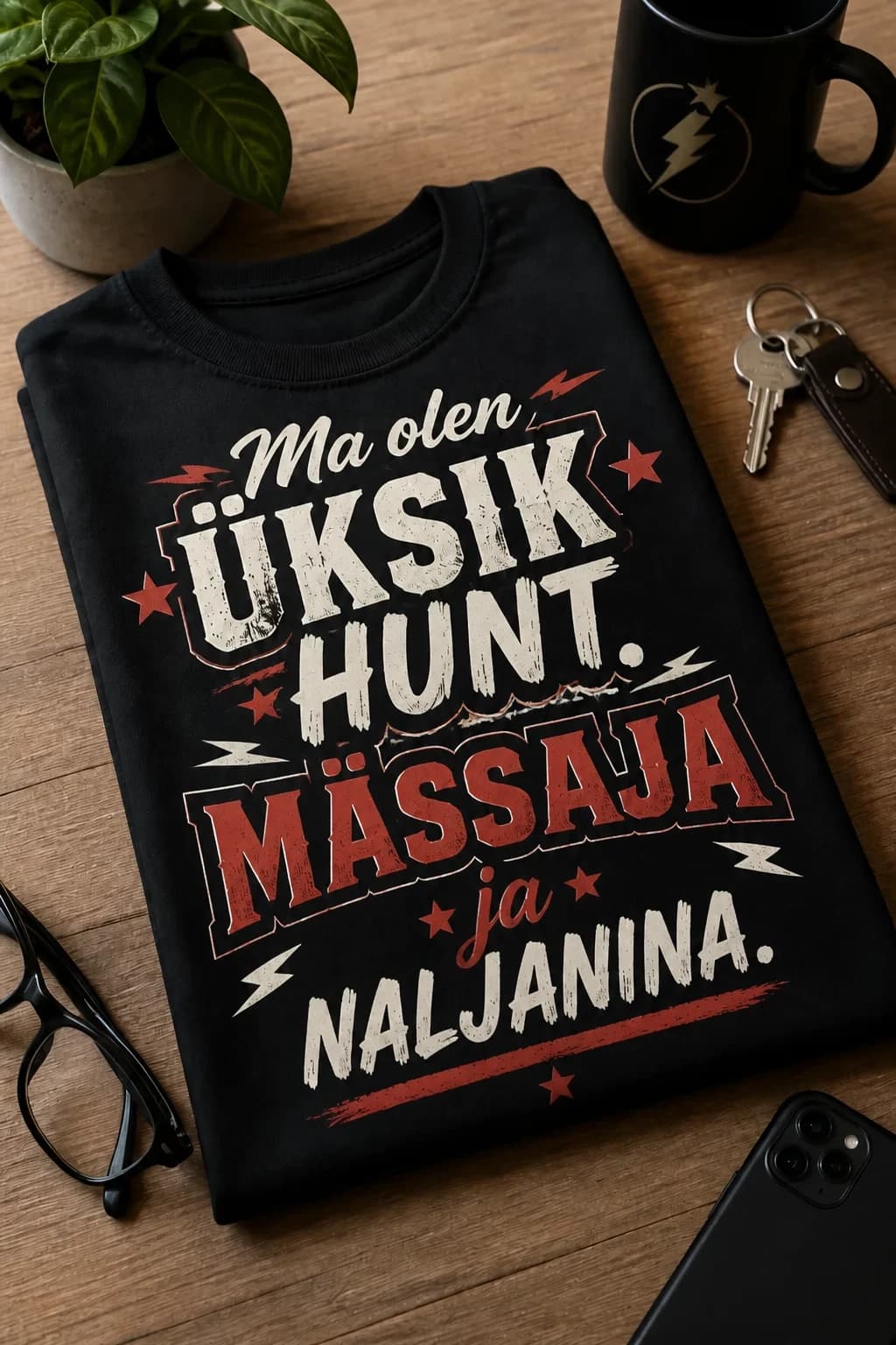 Must T-särk laual, retrostiilis valge-punane kiri „Ma olen üksik hunt. Mässaja ja naljanina.“ tähtede ja välkudega