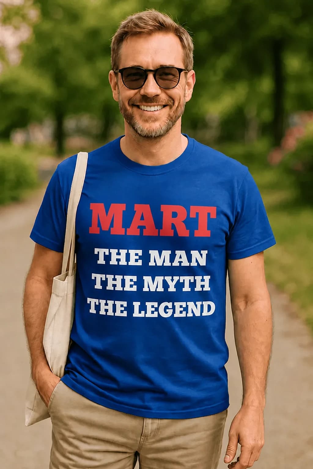 Mees kuningasinises T-särgis, millel on punane nimi ja valge kiri „The Man, the Myth, the Legend“ – T-särk nimega