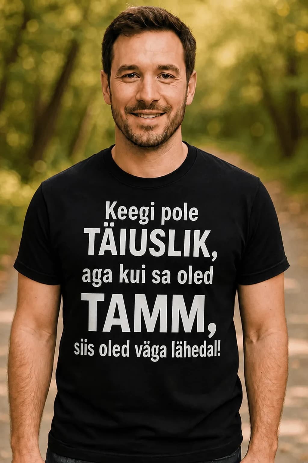 Mees mustas T-särgis kirjaga „Keegi pole täiuslik, aga kui sa oled Tamm, siis oled väga lähedal!“ – T-särk nimega