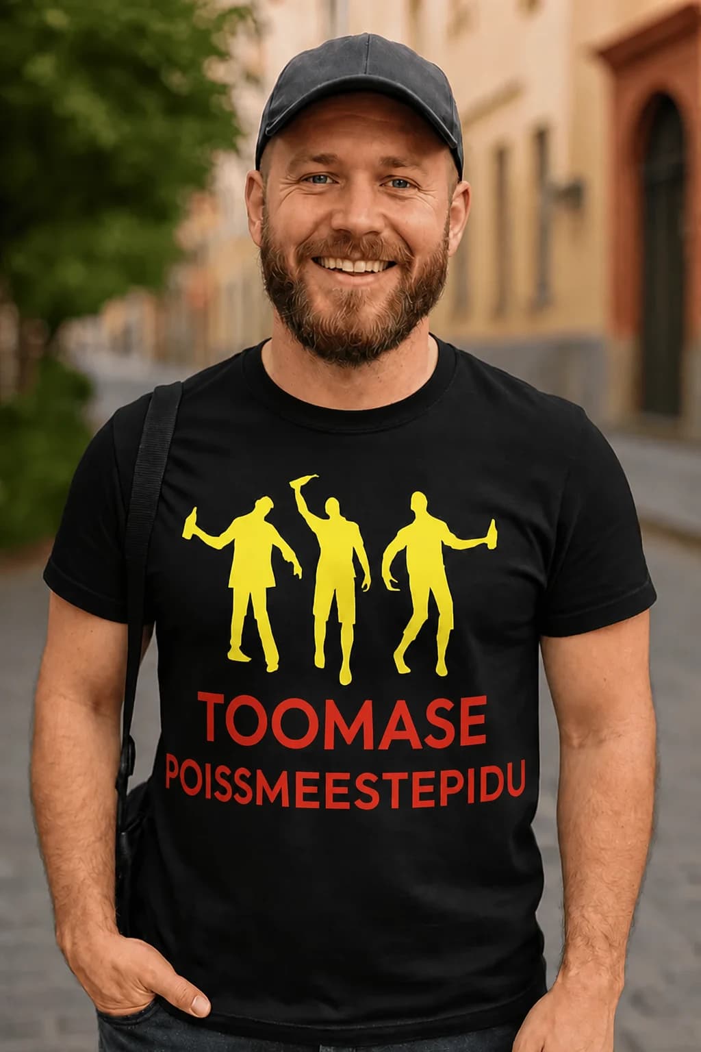 Mees mütsiga mustas T-särgis kollaste pidutsevate kujude ja punase kirjaga poissmeestepidu – T-särk nimega