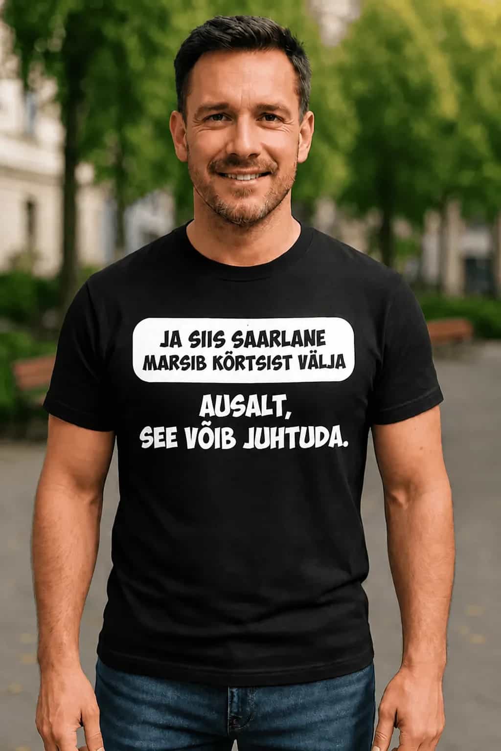 Naljakas T-särk saarlasele „Marsib kõrtsist välja“