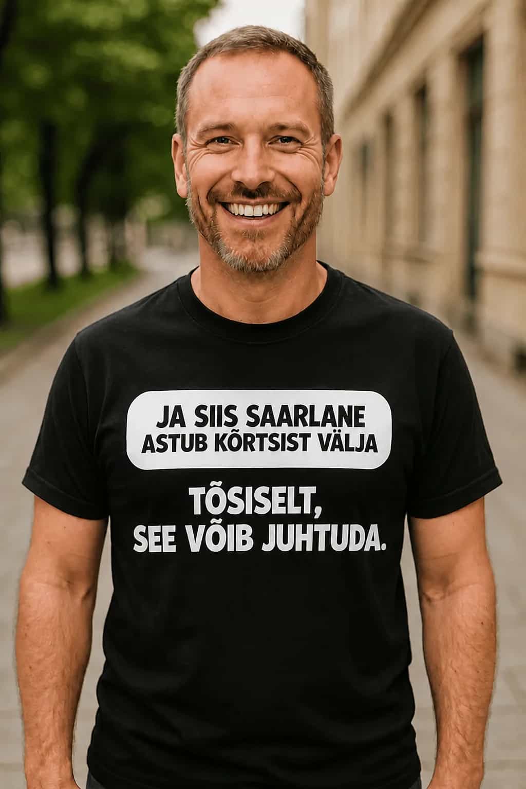 Naljakas T-särk saarlasele „Astub kõrtsist välja“