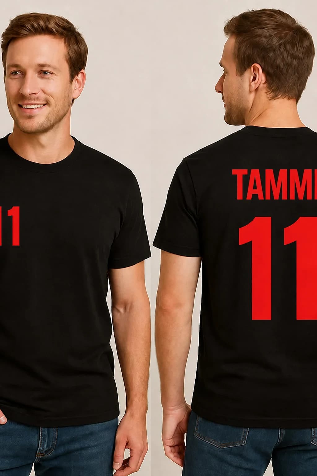 Mees mustas T-särgis nime ja numbriga, ees punane number 11 ja seljal kiri „Tamm 11“