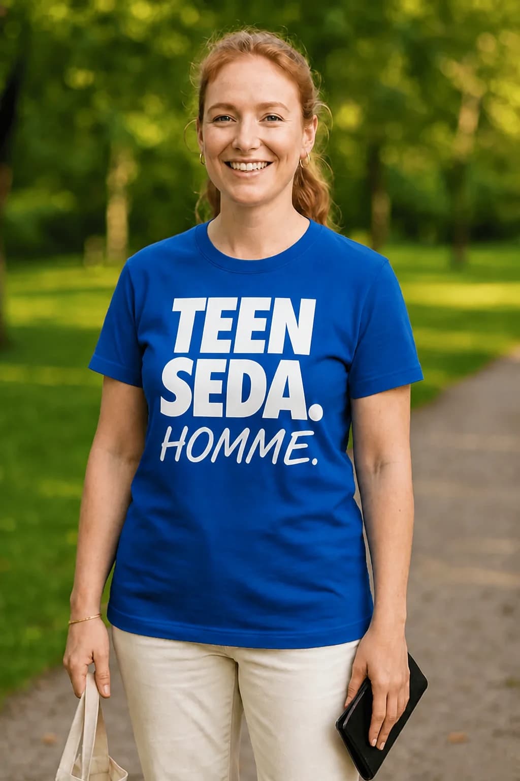 Naeratav naine kuningasinises naljakas T-särgis, suur valge kiri „Teen seda. Homme.“