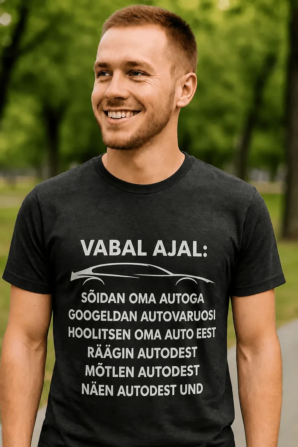 Must T-särk autohuvilisele, auto siluett ja kiri „Vabal ajal“ koos ridadega autodest