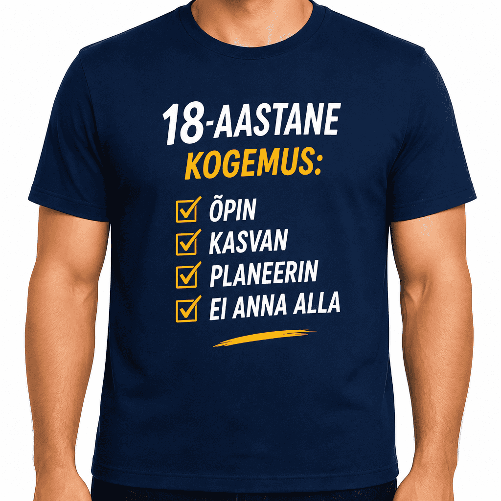 T-särk 18. sünnipäevaks – 18-aastane kogemus: ☑ õpin ☑ kasvan ☑ planeerin ☑ ei anna alla