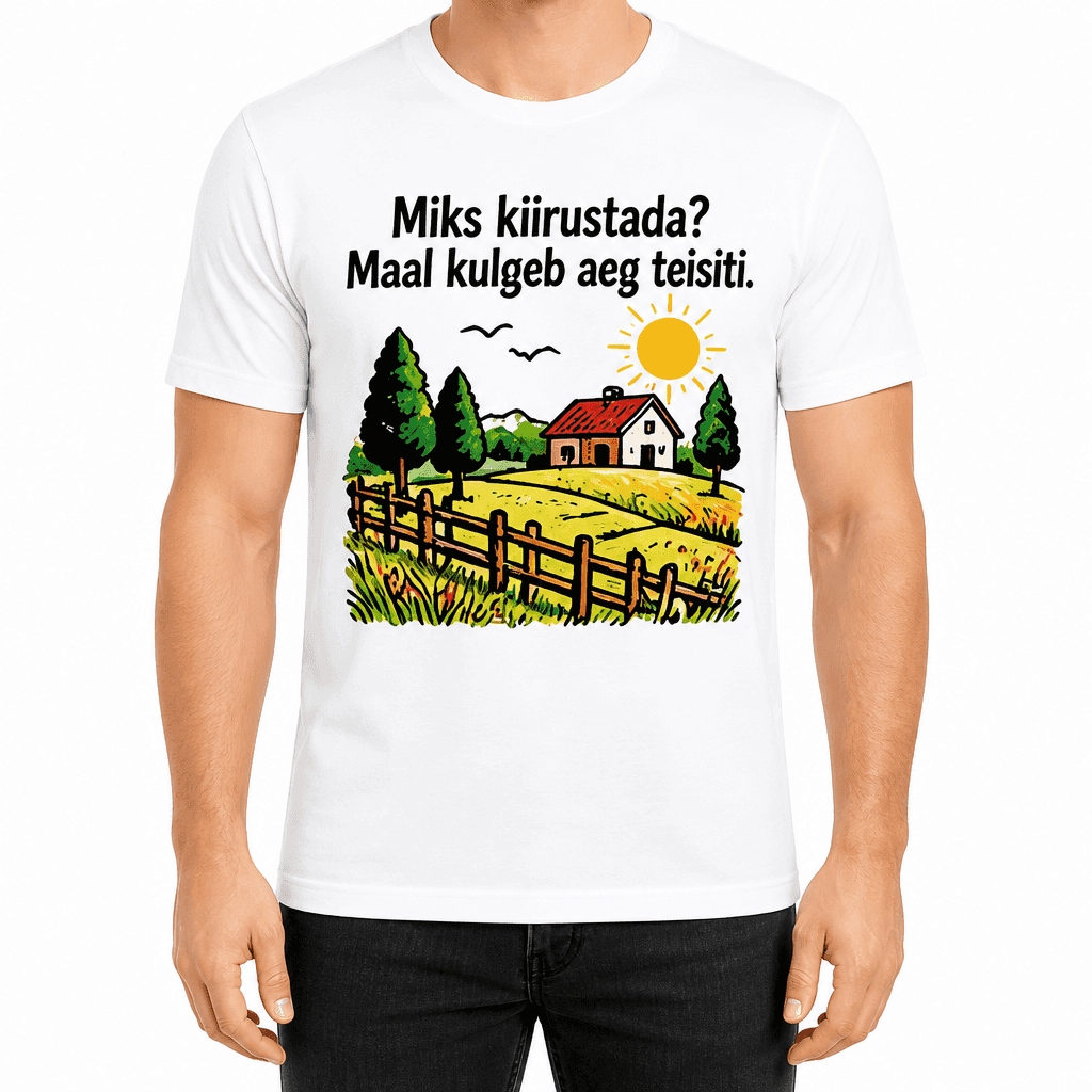 Talupidaja T-särk – Miks kiirustada? Maal kulgeb aeg teisiti.