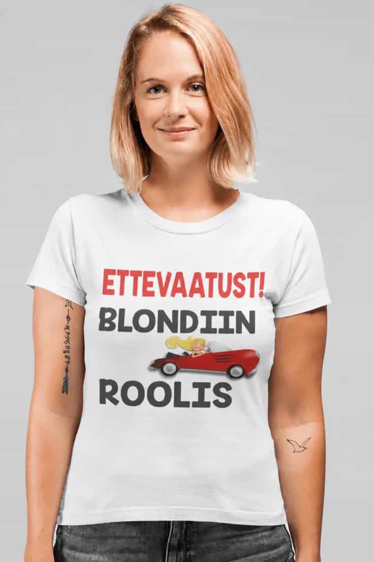 Naljakas T-särk ettevaatust blondiin roolis