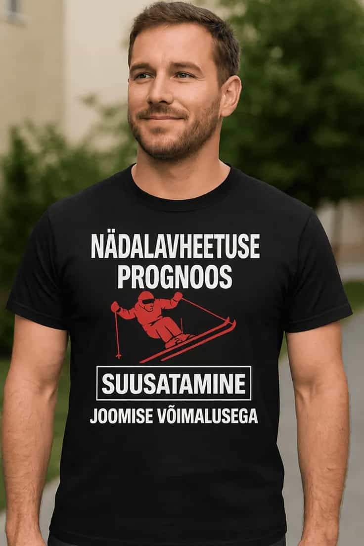 Naljakas T-särk suusatajale „Nädalavahetuse prognoos“
