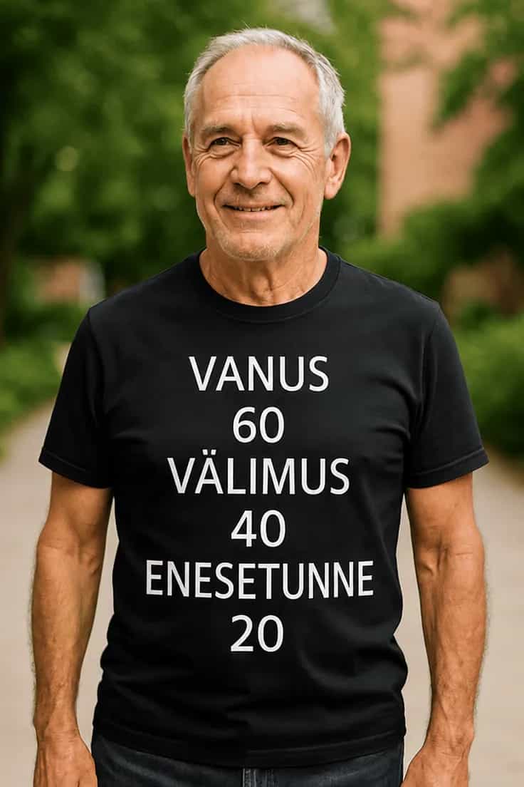 T-särk 60. sünnipäevaks „Vanus 60, välimus 40“