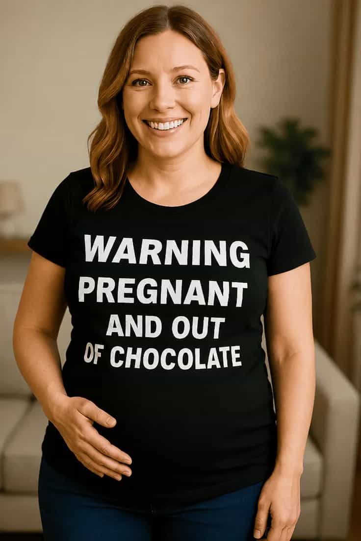 Raseduse T-särk WARNING PREGNANT AND OUT OF CHOCOLATE