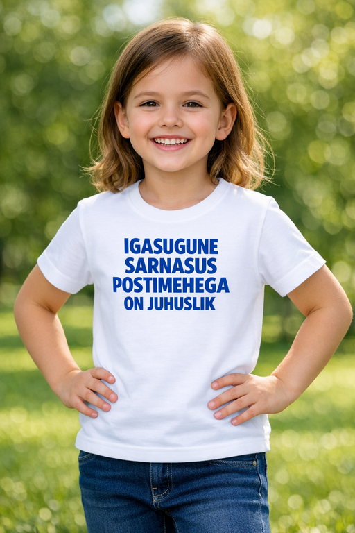 Naljakas laste T-särk: IGASUGUNE SARNASUS POSTIMEHEGA ON JUHUSLIK